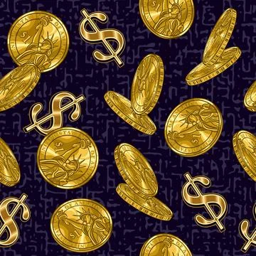 Money seamless pattern with falling shiny gold coins and dollar sign Stock Illustration