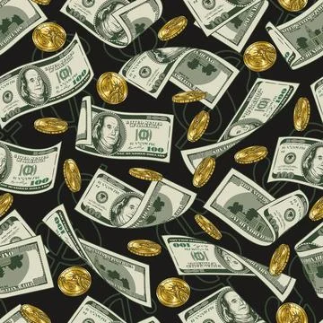 Money seamless pattern with one hundred US dollar bills, gold coins Stock Illustration