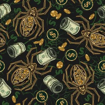 Money seamless pattern with rolls of 100 US dollar bills, gold coins, spider Stock Illustration