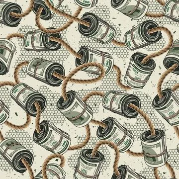 Money seamless pattern with rolls of 100 dollars bills bounded by jute rope Stock Illustration