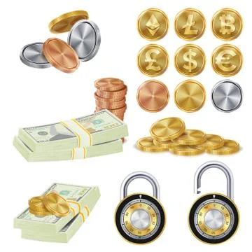 Money Secure Concept Vector. Metal Coin, Money Banknotes Stacks, Encryption Stock Illustration