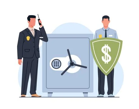 Money security, men in uniform security officers monitoring bank safe Stock Illustration
