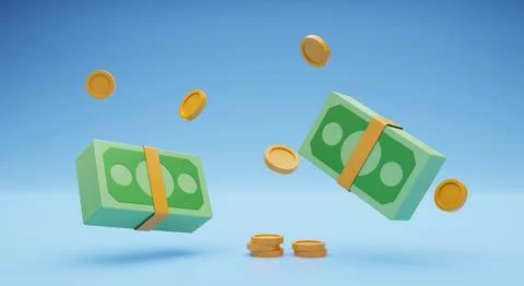 Money stack with coins on blue background, 3d rendering Stock Illustration