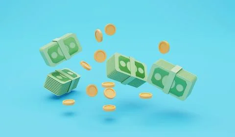 Money stack with coins on blue background, 3d rendering illustration Stock Illustration