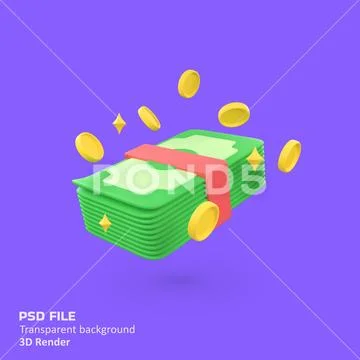 Money Stack with Coins isolated 3d render icon illustration PSD Template