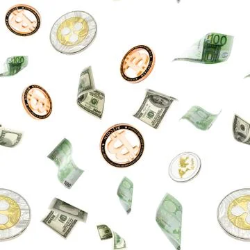 Money stack seamless pattern. Flying Hundred dollar, Euro banknotes and Bitco Stock Photos