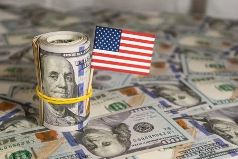 Money Stack with US Flag and Banknotes. on the background of banknotes. clo.. Stock Photos