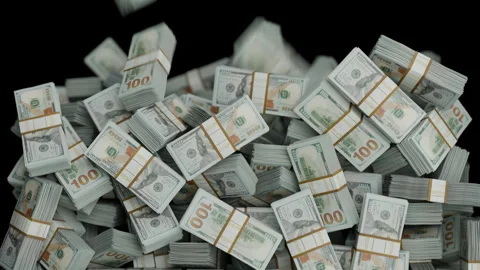 Money Stacks Falling Into a Large Pile on Black Background Stock Footage 325529156