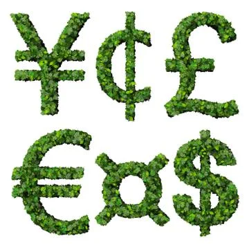 Money symbols: yen, cent, pound, euro, dollar, currency, made from green leaves. Stock Illustration