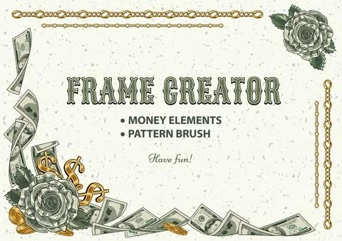 Money themed frame creator with corner elements, pattern chain brush. Stock Illustration