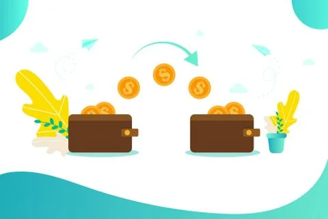 Money transfer concept with wallets and gold coins, online payment, vector il Stock Illustration