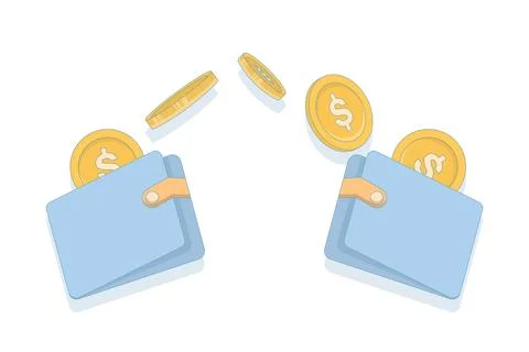 Money transfer or payment concept. two wallets exchanging gold coins. 스톡 일러스트