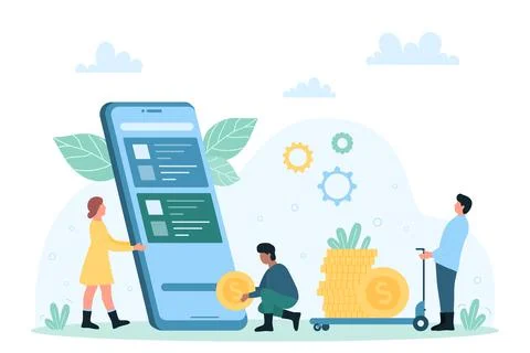 Money transfer, payment using mobile phone app, tiny people send cash money, pay Stock Illustration