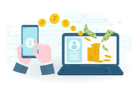 Money transfer using mobile device, computer and smart phone Stock Illustration