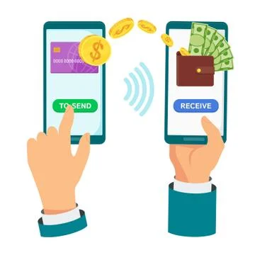 Money transfer using mobile device, computer and smart phone Illustrazione stock