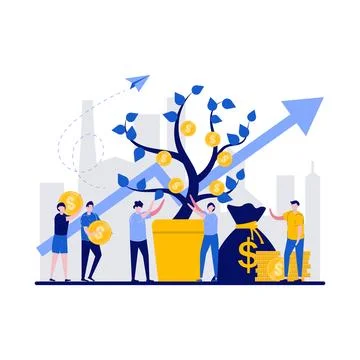 Money tree concept with tiny character. Business people work with gold coin.. Stock Illustration