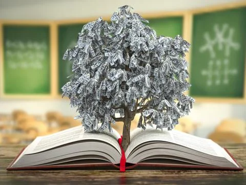 Money tree growing from book. Learning and education lead to wealth concept b Stock Illustration