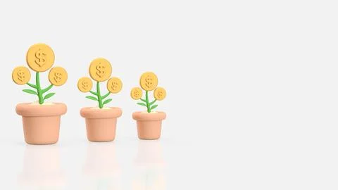 Money Tree Growth Concept With Dollar Coin Plants In Pots 3d render. Stock Illustration