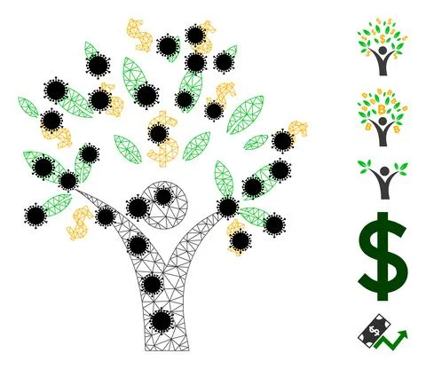 Money Tree Man Wire Frame Mesh Icon with Virus Elements Stock Illustration
