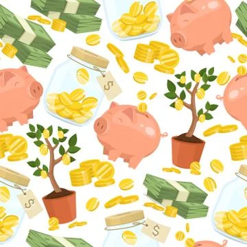 Money vector seamless pattern piggy bank pig box financial bank or money-box Stock Illustration