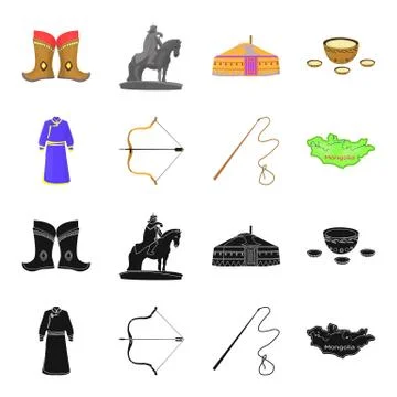 .mongol dressing gown, battle bow, theria on the map, Urga, Khlyst. Mongolia set Stock Illustration