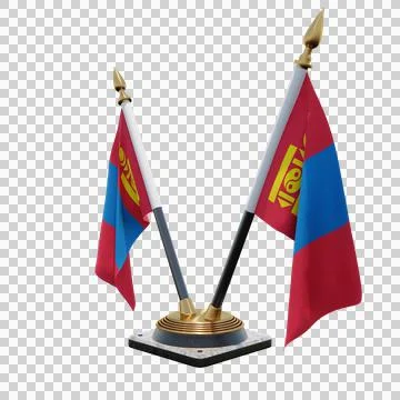 Mongolia 3d illustration flag on pole. Wood flagpole Stock Illustration