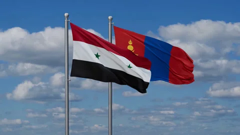 Mongolia and Syria two flags Stock Footage 288156003