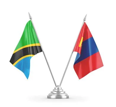 Mongolia and Tanzania table flags isolated on white 3D rendering Stock Illustration