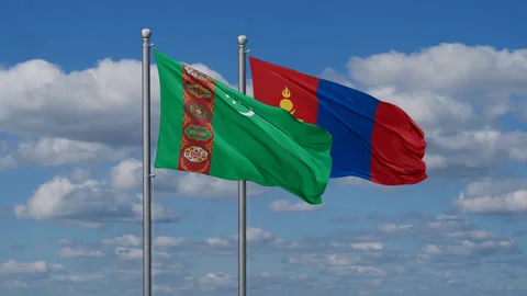 Mongolia and Turkmenistan two flags Stock Footage 283475429