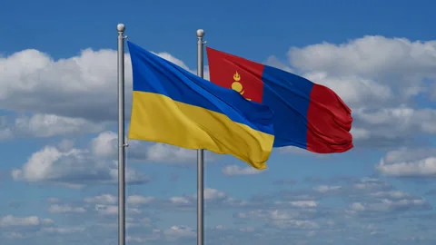Mongolia and Ukraine two flags Stock Footage 281156241