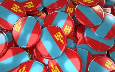 Mongolia Badges Background - Pile of Mongolian Flag Buttons. Illustrazione stock