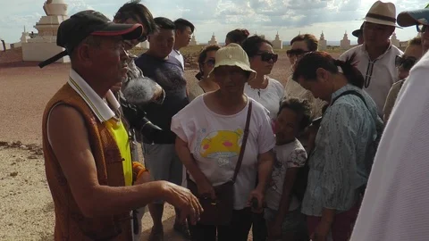 Mongolia, believers in the sacred ritual complex Shambhala in the Gobi Desert. Video stock 110797912