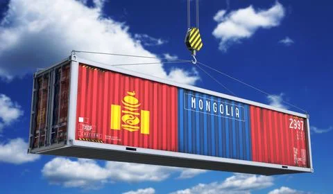 Mongolia - cargo container hanging on crane for international trade and log.. 库存插图