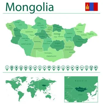 Mongolia detailed map and flag. Mongolia on world map. Stock Illustration