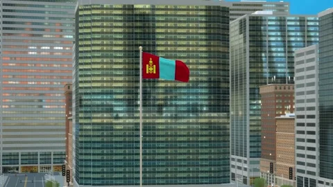 Mongolia Flag 3D Render Animation on Pole with Modern Business District Buil Stock Footage 332883232