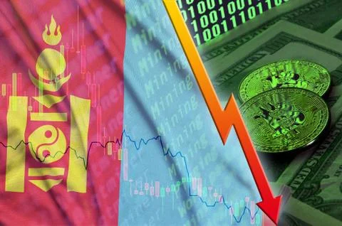 Mongolia flag and cryptocurrency falling trend with two bitcoins on dollar bi Foto stock
