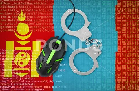 Mongolia flag and handcuffed computer mouse. Combating computer crime, hacke Stock Photos