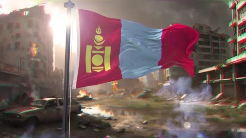 Mongolia Flag and war background destroyed megalopolis Stock Footage 320904559