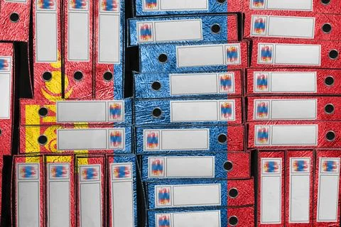 Mongolia Flag Colors Folder Stack, Bureaucracy and Government Administration Stock Photos