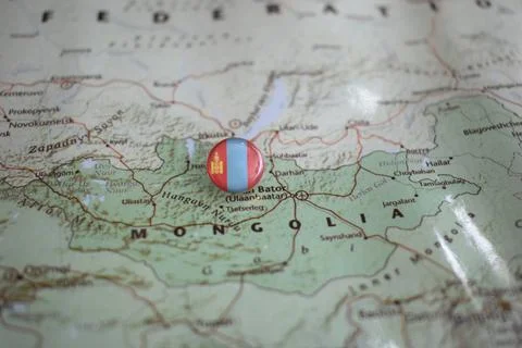 Mongolia flag drawing pin on the map Stock Photos