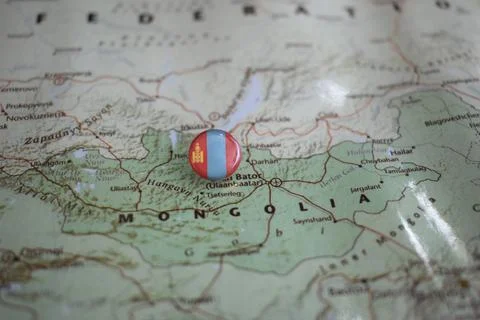 Mongolia flag drawing pin on the map Stock-Fotos
