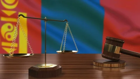 Mongolia Flag with Hammer and Scales of Justice Stock Footage 108594437