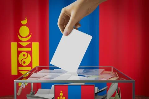 Mongolia flag, hand dropping ballot card into a box - voting concept Ilustración de archivo