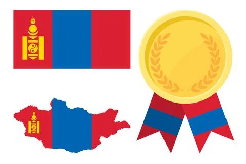 Mongolia flag with map and gold medal in set for web and banners or app and.. Stock Illustration