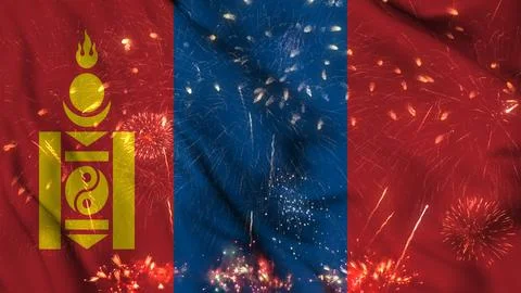 Mongolia flag seamless animation with fireworks Stock Illustration