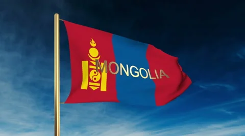 Mongolia flag slider style with title. Waving in the wind with cloud background Stock Footage 48970506