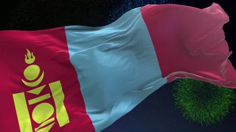 Mongolia flag - Waving flag on celebrating fireworks for national holiday day Stock Footage 293716626