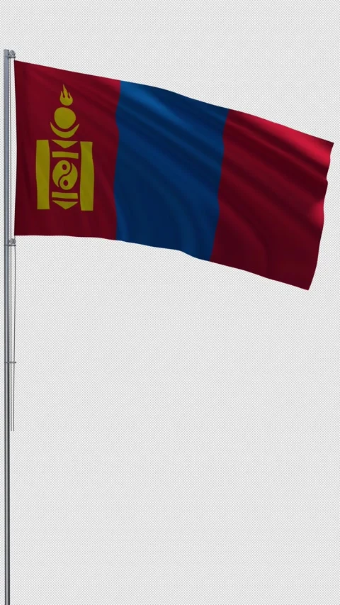 Mongolia flag waving on metal flagpole vertical video transparent background 3D Stock Footage 332116476