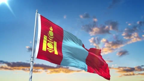Mongolia flag Waving Realistic With Sky Stock Footage 293004448