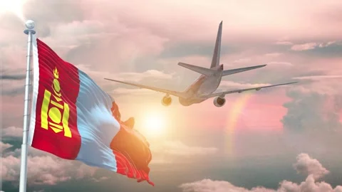 Mongolia flag Waving Realistic With Sky Plane Takes Off At Sunrise Stock Footage 295288240